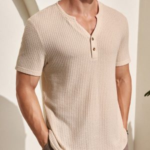 Manfinity KASUA Men??s Short Sleeve Textured Polo Shirt With Buttoned Y-Neck