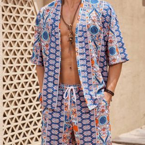 Manfinity KASUA Men??s Retro Printed Short Sleeve Shirt & Shorts Set