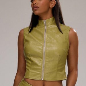MUSERA Fall Clothes High Neck Front Zip Detail Crop Top