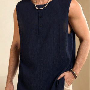 Manfinity KASUA Men??s Summer Solid Color Button Half-Placket Loose Fit Tank Top