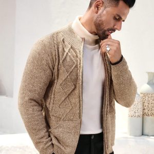 Manfinity KASUA Men??s Geometric Textured Long Sleeve Casual Zip-Up Knit Cardigan, Autumn/Winter