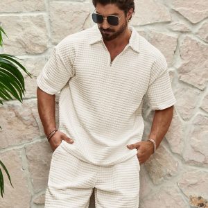 Manfinity KASUA Men??s Textured Short Sleeve Top And Shorts, Summer 2pcs Set
