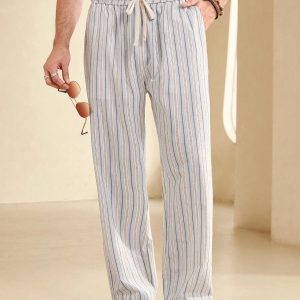 Manfinity KASUA Men??s Striped Belted Straight Wide Leg Casual Pants