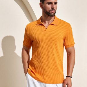 Manfinity KASUA Men Pumpkin Color V-Neck Short Sleeve Knit Polo Shirt