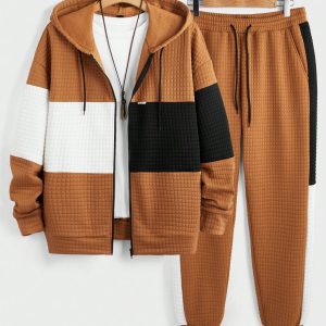 Manfinity KASUA Men??s Casual Patchwork Hooded Sweatshirt And Pants Set, Autumn