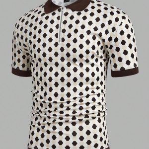 Manfinity KASUA Men Summer Geometric Print Zipper Half-Placket Color Block Short-Sleeved Casual And Business Polo Shirt