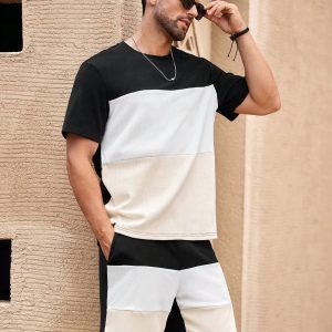 Manfinity KASUA 2pcs/Set Men??s Patchwork Ribbed Crew Neck Short Sleeve Tee And Shorts Set