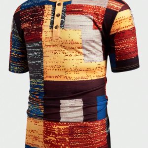 Manfinity KASUA Men??s Casual Henry Neck Short Sleeve T-Shirt, Multi-Color, Summer