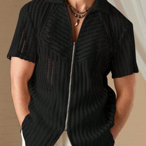 Manfinity KASUA Men??s Summer Solid Color Zip-Up Casual Short Sleeve Shirt