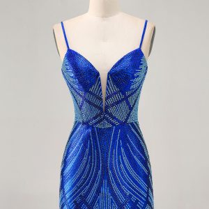 Royal Blue Spaghetti Straps Beaded Bodycon Homecoming Dress