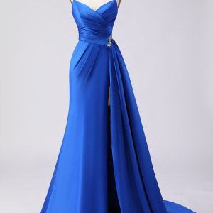 Royal Blue Satin Strapless Ruched Prom Dress with Side Cape
