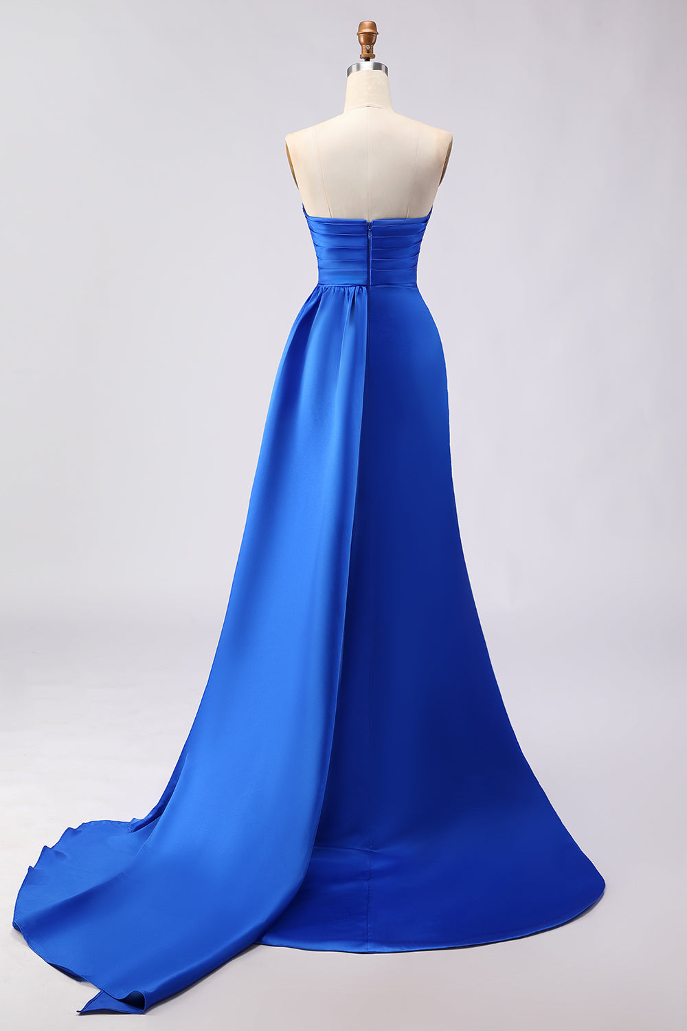 Royal Blue Satin Strapless Ruched Prom Dress with Side Cape - Image 2