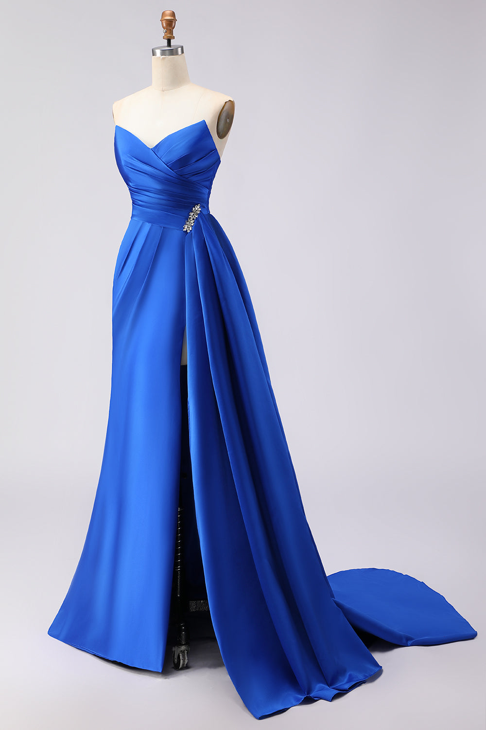 Royal Blue Satin Strapless Ruched Prom Dress with Side Cape - Image 3