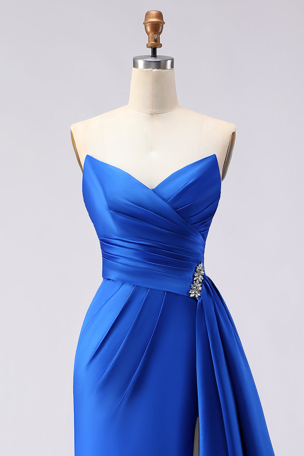 Royal Blue Satin Strapless Ruched Prom Dress with Side Cape - Image 4