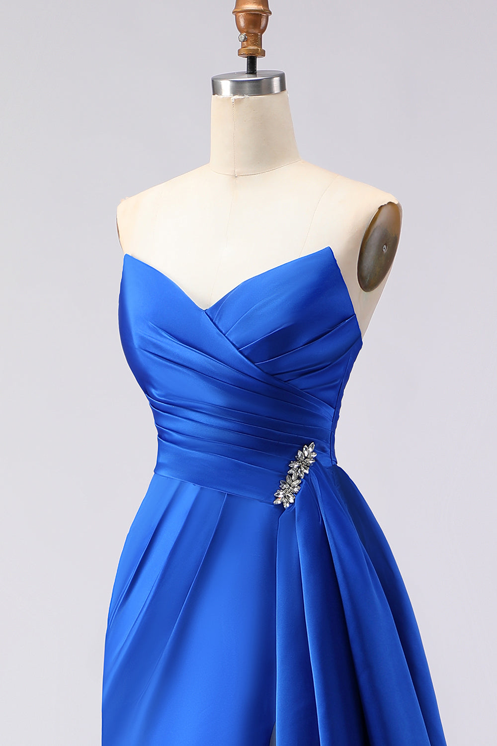 Royal Blue Satin Strapless Ruched Prom Dress with Side Cape - Image 6