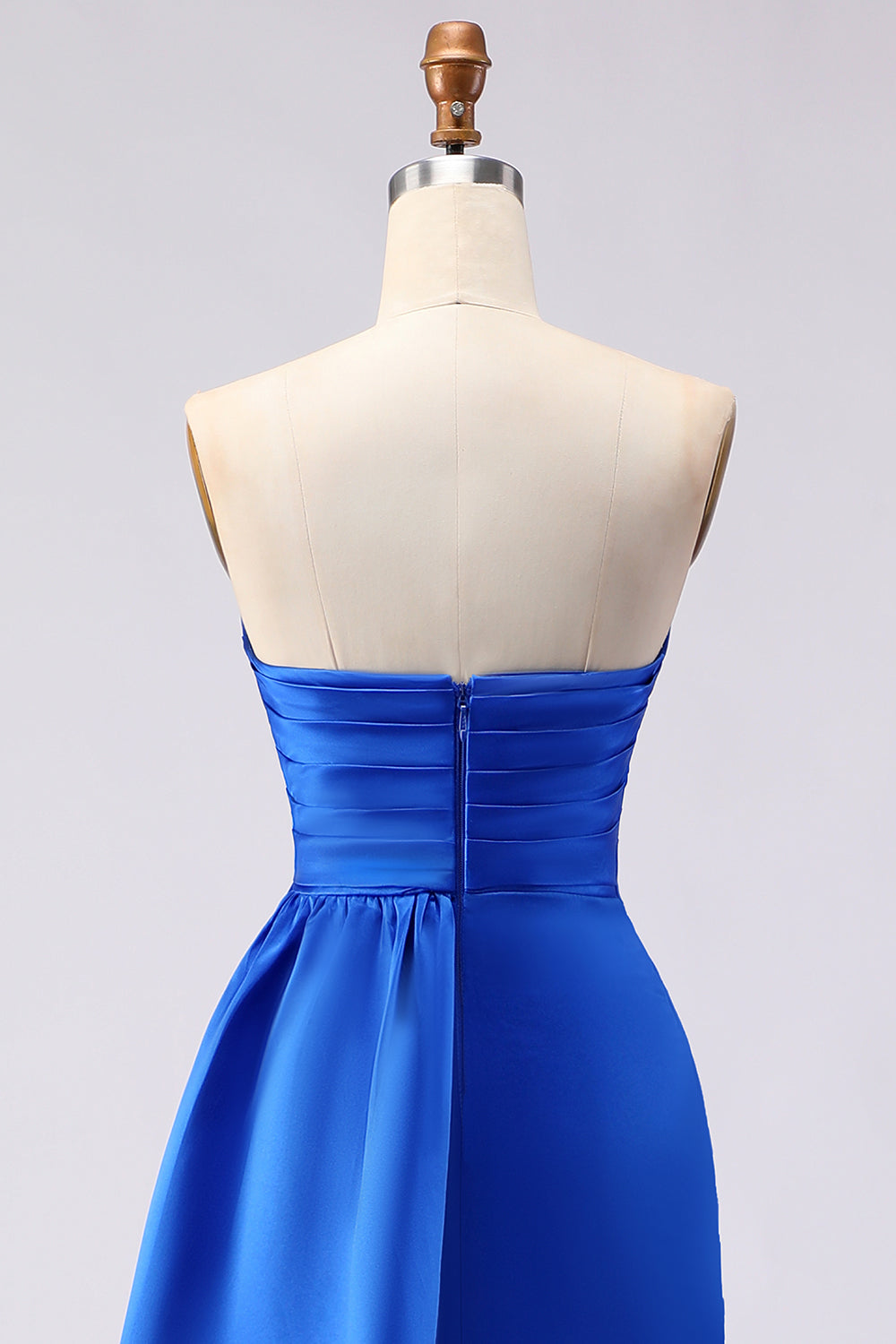 Royal Blue Satin Strapless Ruched Prom Dress with Side Cape - Image 5